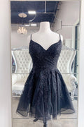Black tulle lace short prom dress, black cocktail dress