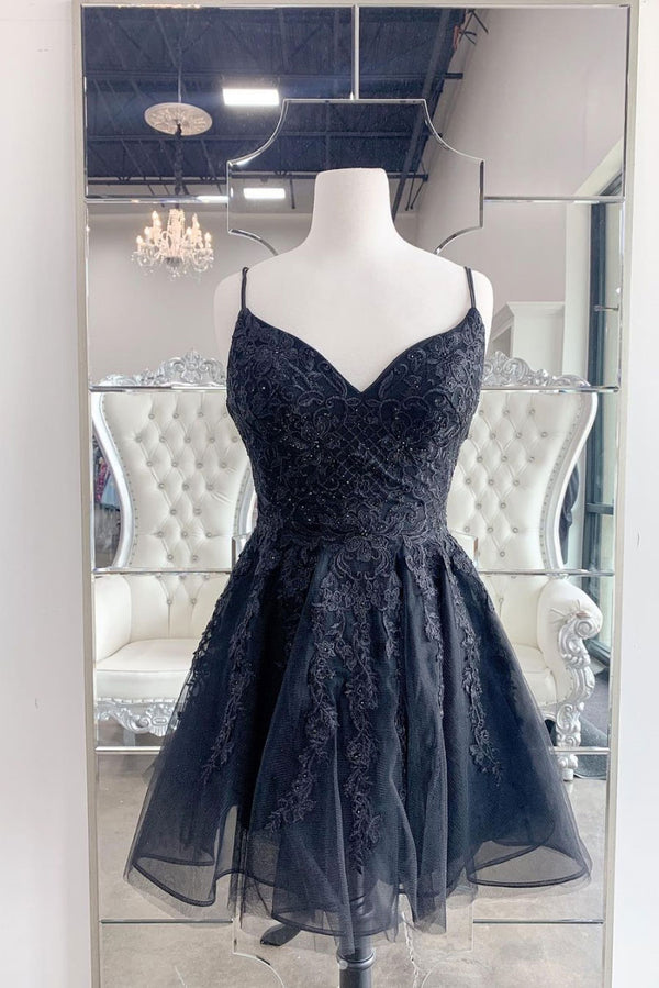 Black tulle lace short prom dress, black cocktail dress