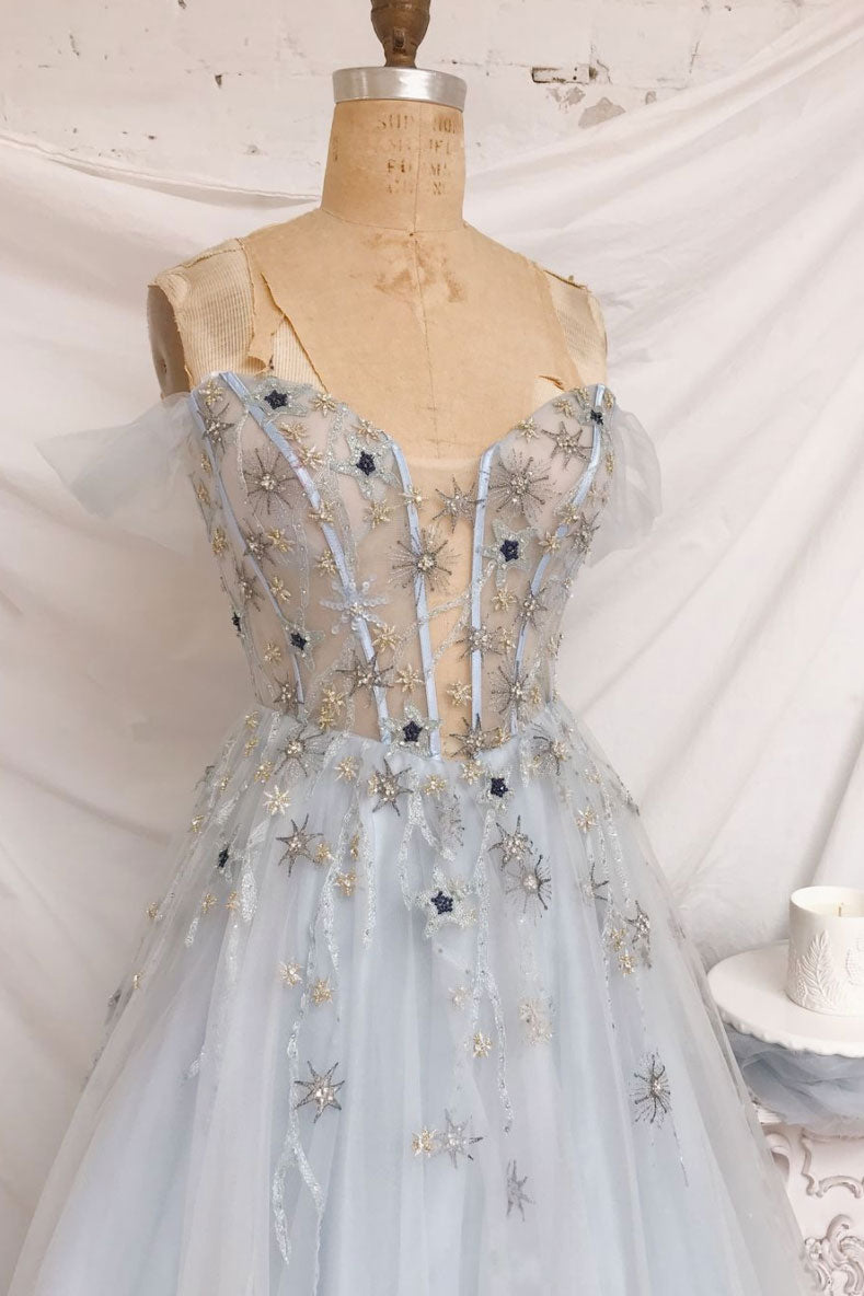 Blue sweetheart tulle long prom dress blue tulle formal dress