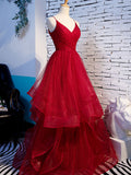 Burgundy v neck tulle long prom dress, burgundy evening dress