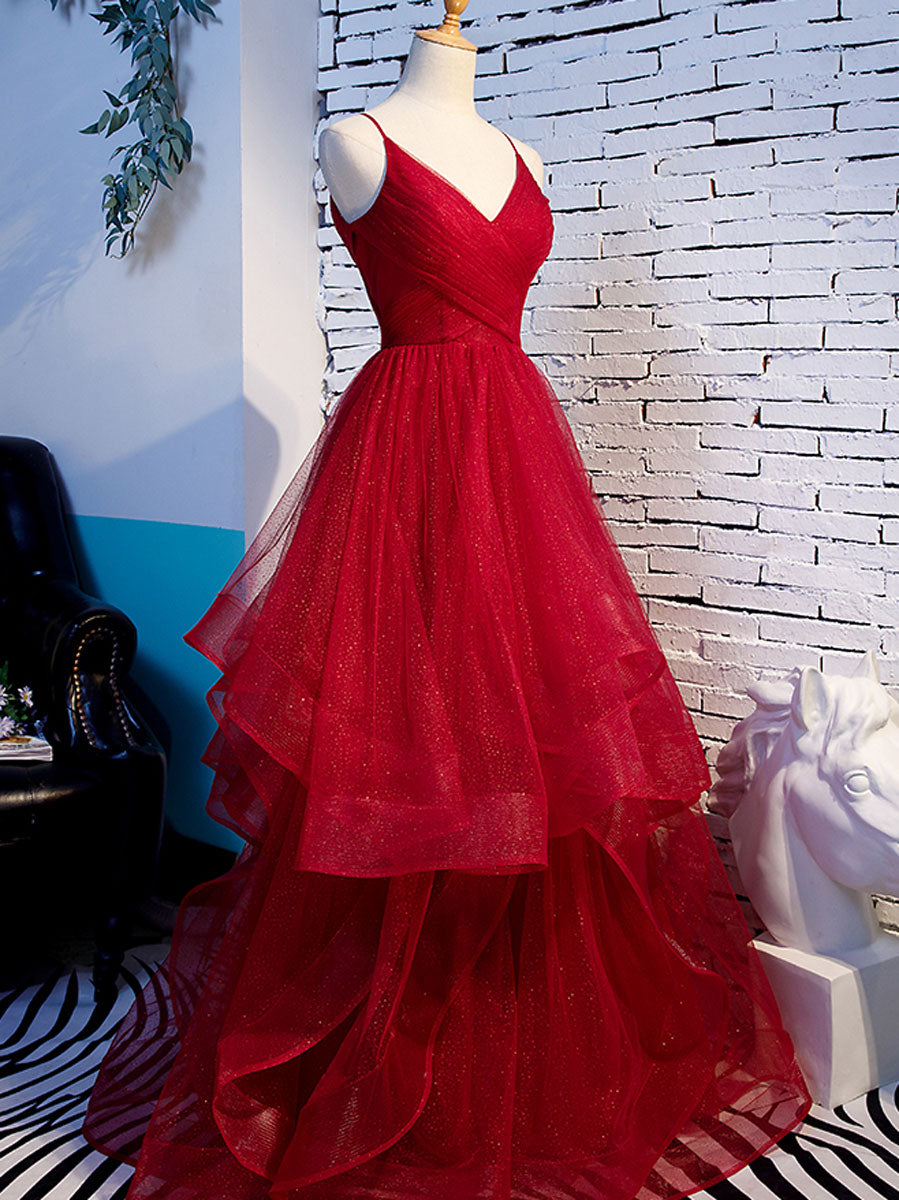 Burgundy v neck tulle long prom dress, burgundy evening dress