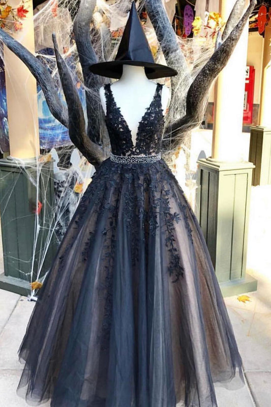 Dark blue v neck tulle lace long prom dress, dark blue tulle evening dress