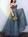 Gray blue sweetheart neck tulle long prom dress, white tulle formal dress