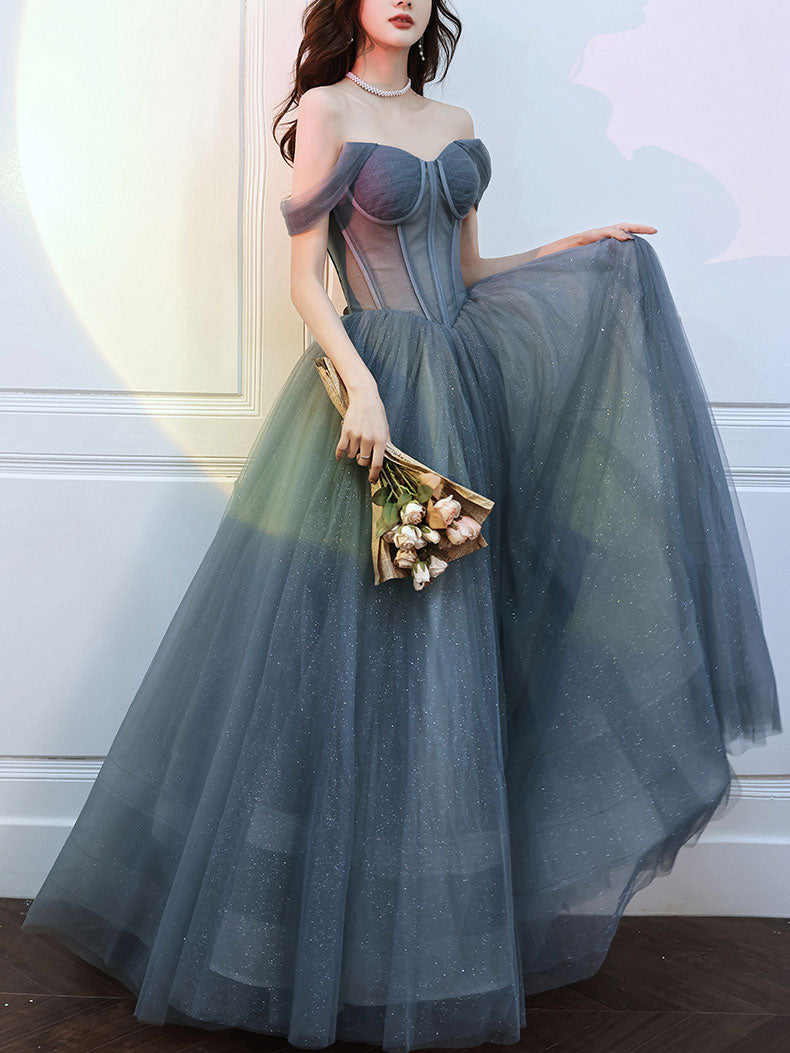 Gray blue sweetheart neck tulle long prom dress, white tulle formal dress