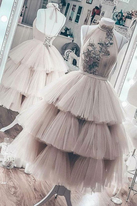 Unique high neck tulle short prom dress, tulle evening dress
