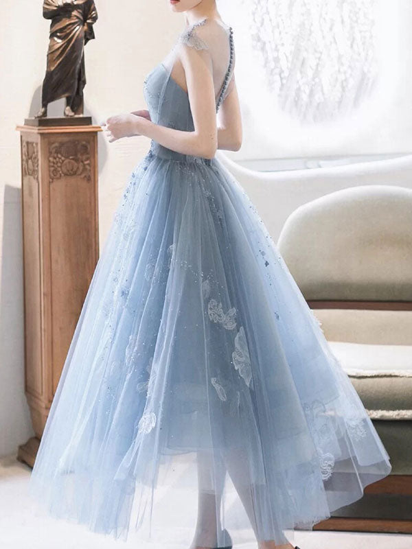Blue round neck tulle short prom dress, blue tulle homecoming dress