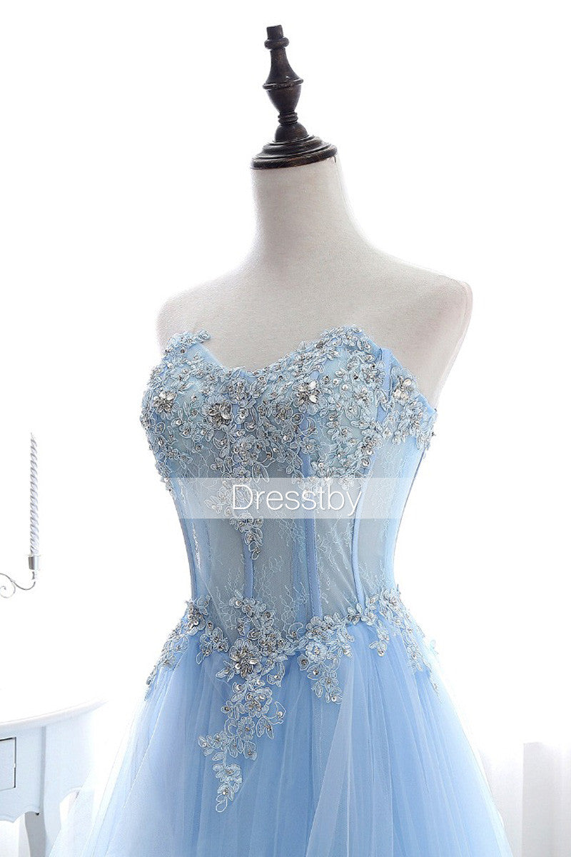Blue sweetheart tulle long prom dress, blue evening dress
