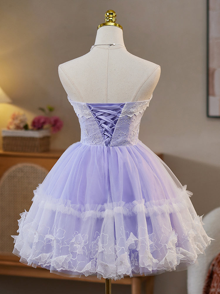 Sweetheart Neck Tulle Lace Purple Short Prom Dress, Purple Homecoming Dress