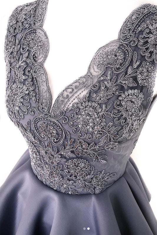 Cute lace v neck short prom dress, gray homecoming dress