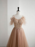 Champagne A line tulle lace long prom dress, champagne evening dress