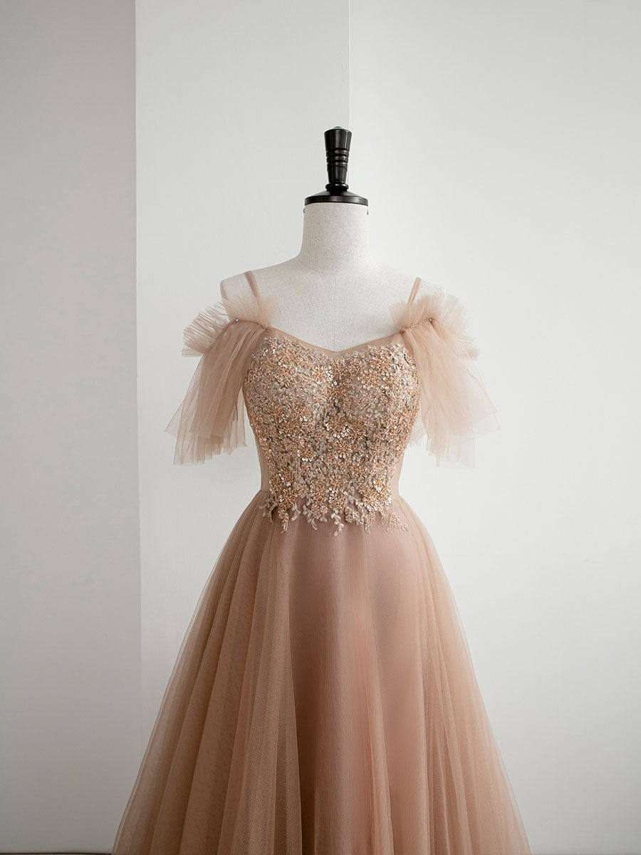 Champagne A line tulle lace long prom dress, champagne evening dress