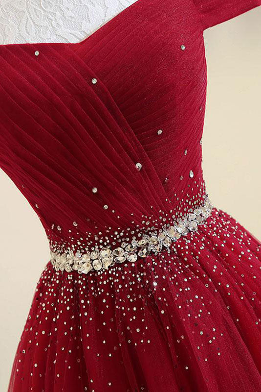 Burgundy tulle off shoulder long prom dress, burgundy evening dress