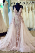 Pink v neck lace tulle long prom dress, pink tulle lace formal dress
