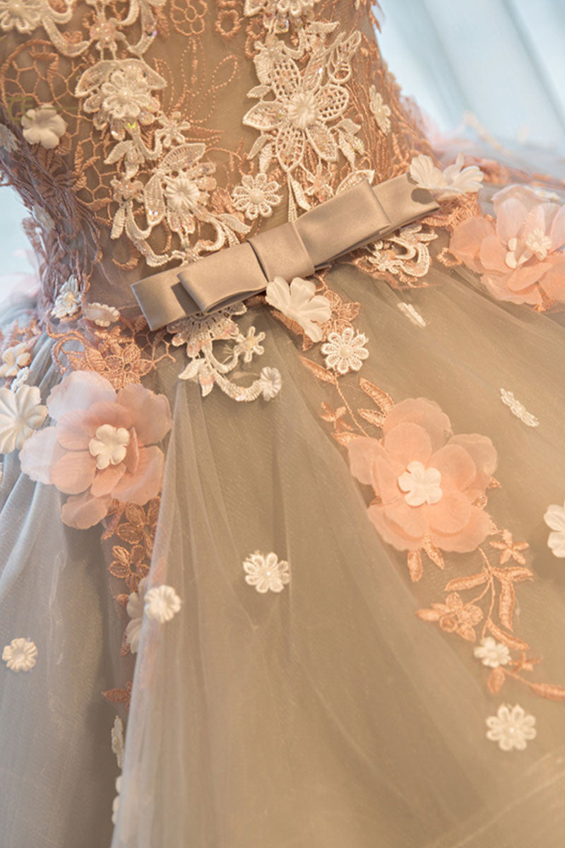 Cute round neck lace applique long prom gown, lace evening dress