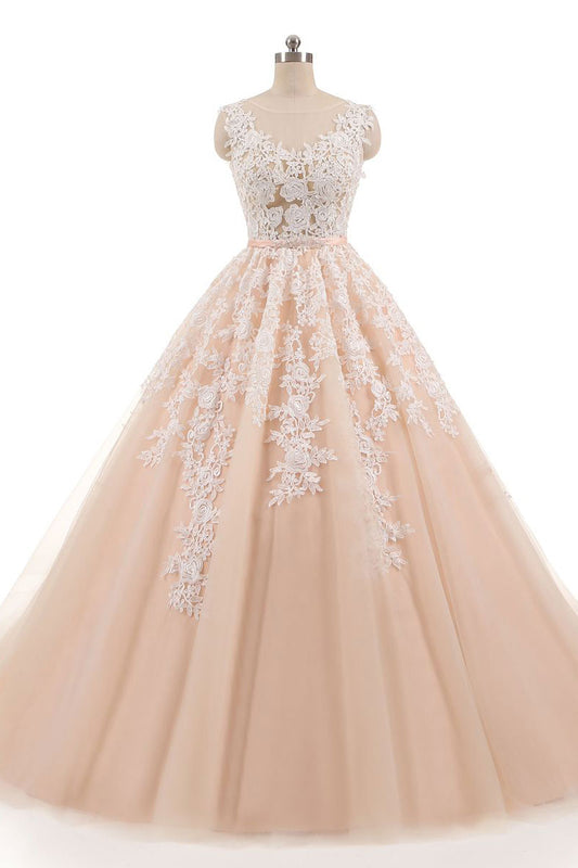 Pink round neck tulle lace long prom dress, pink lace evening dress