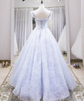Light purple tulle lace long prom dress, blue evening dress