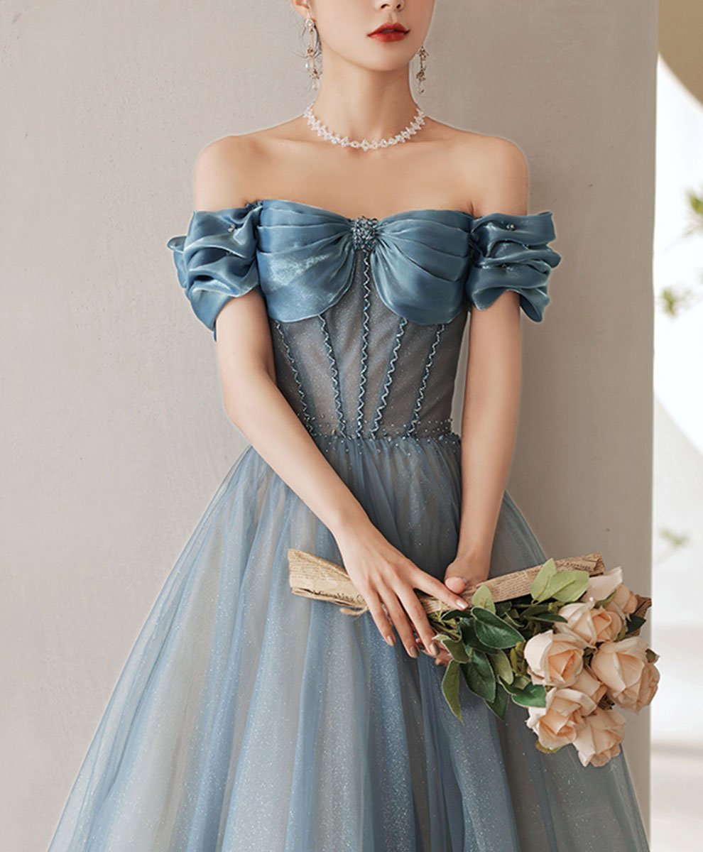Blue off shoulder satin long prom dress, blue satin bridesmaid dress
