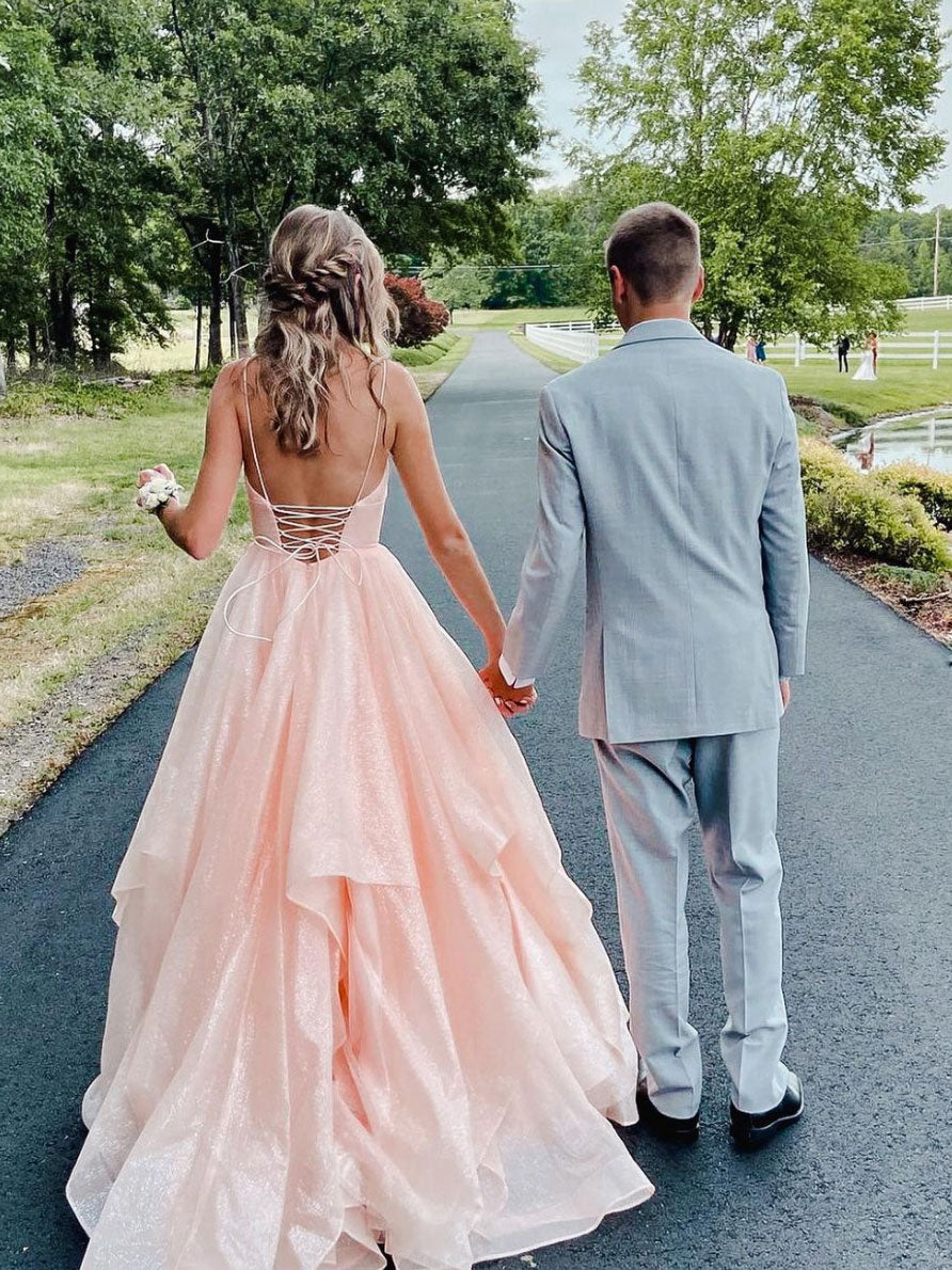 Pink v neck tulle long prom dress, pink tulle formal dress