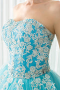 Blue tulle lace applique long prom dress, blue evening dress
