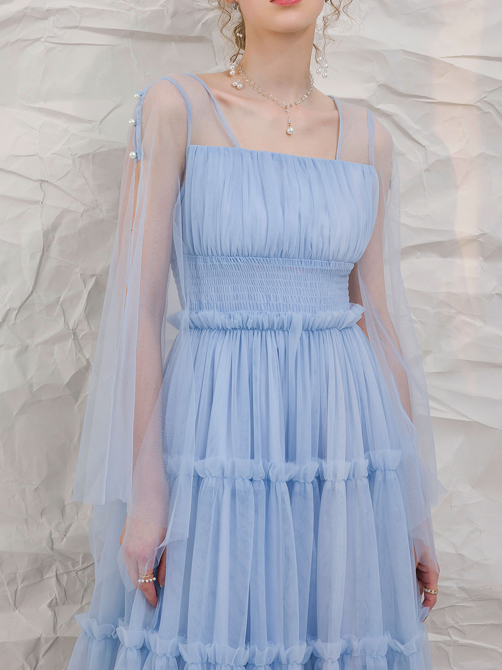 Blue tulle tea length prom dress, blue tulle formal evening dress