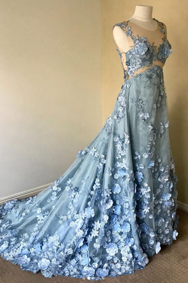 Blue round neck lace long prom dress, blue lace evening dress