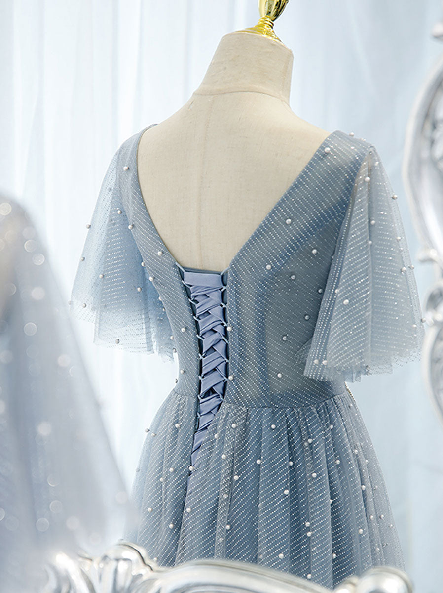 Blue v neck tulle beads long prom dress, blue tulle formal dress