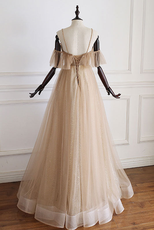 Champagne tulle off shoulder long prom dress, champagne evening dress