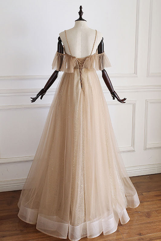 Champagne tulle off shoulder long prom dress, champagne evening dress