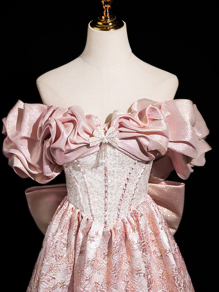 A-Line Off Shoulder Printed Satin Pink Long Prom Dress, Printed Satin Long Formal Dress