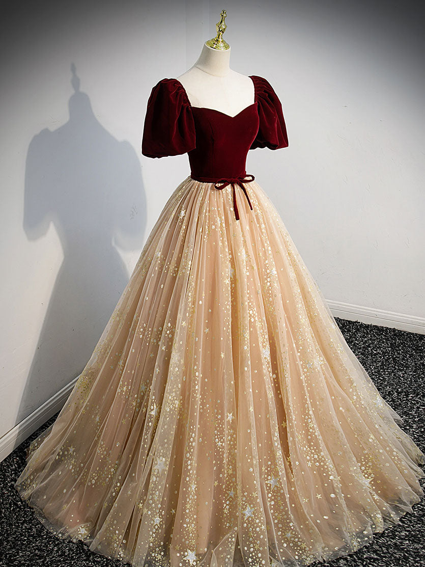 Champagne tulle long prom dress, A line tulle evening dress