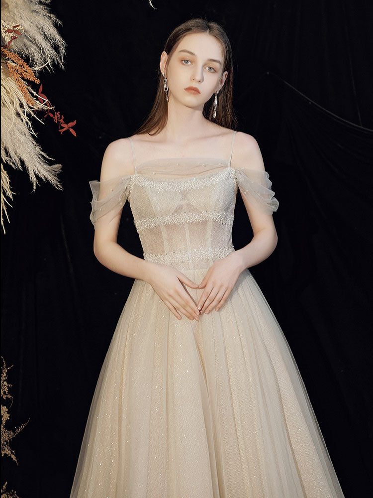 Champagne tulle sequin long prom dress, tulle formal dress