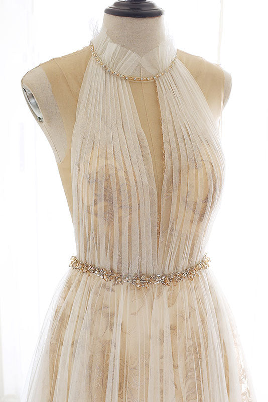 Light champagne tulle lace long prom dress, formal dress