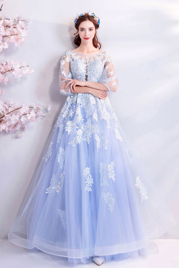 Blue round neck tulle lace long prom dress, blue evening dress