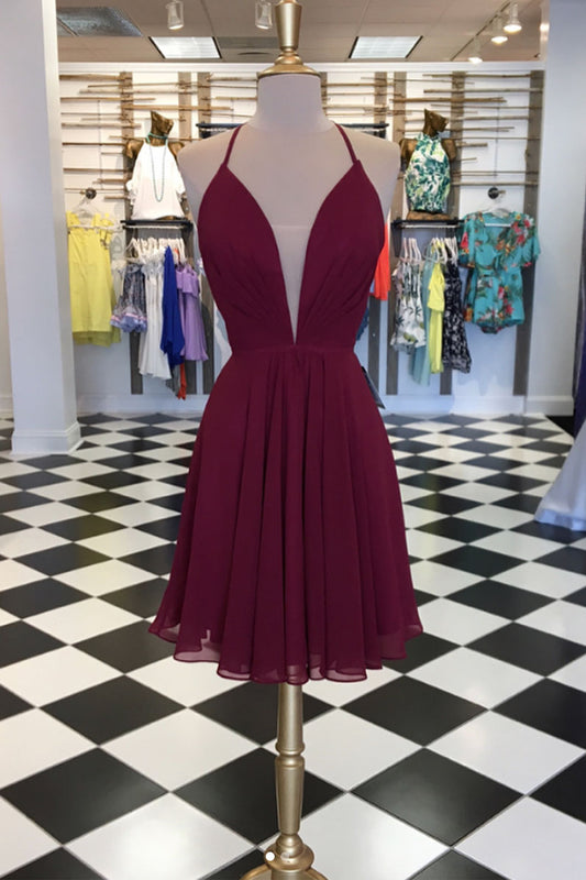 Simple burgundy chiffon short prom dress, burgundy homecoming dress