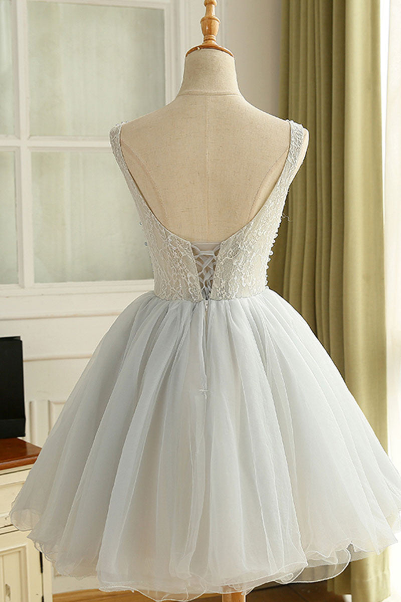Gray round neck tulle short prom dress, cute homecoming dress
