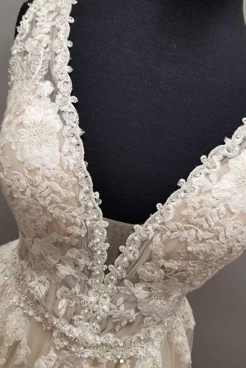 Champagne v neck tulle lace long prom dress. champagne tulle evening dress