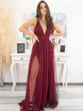Simple pink v neck tulle long prom dress tulle formal dress