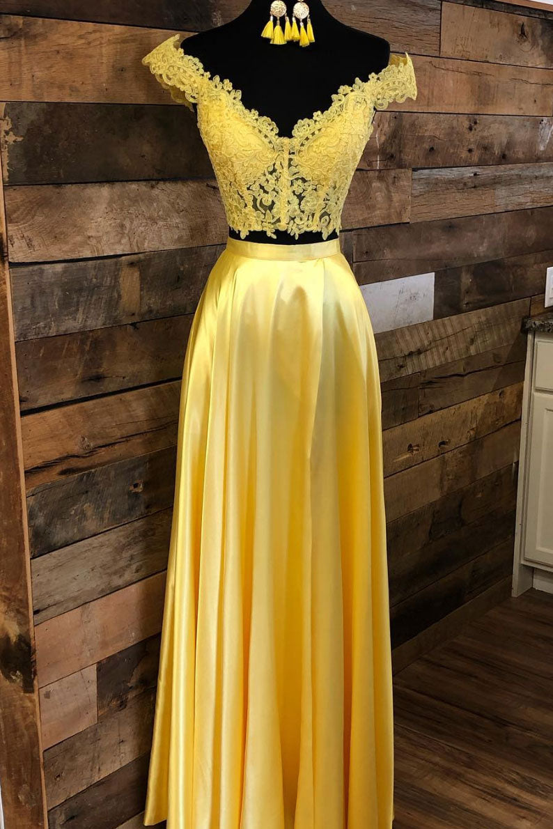 Yellow lace two pieces long prom dress yellow evening dress