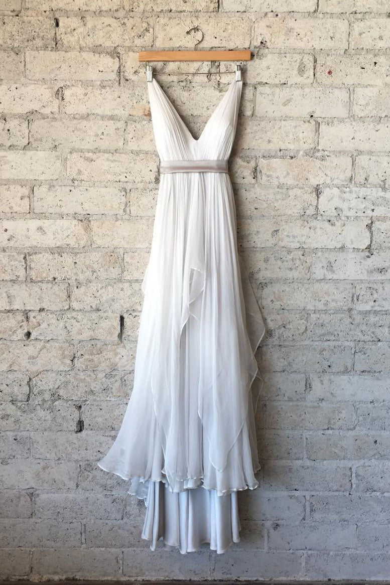 Simple v neck white chiffon long prom dress, white evening dress