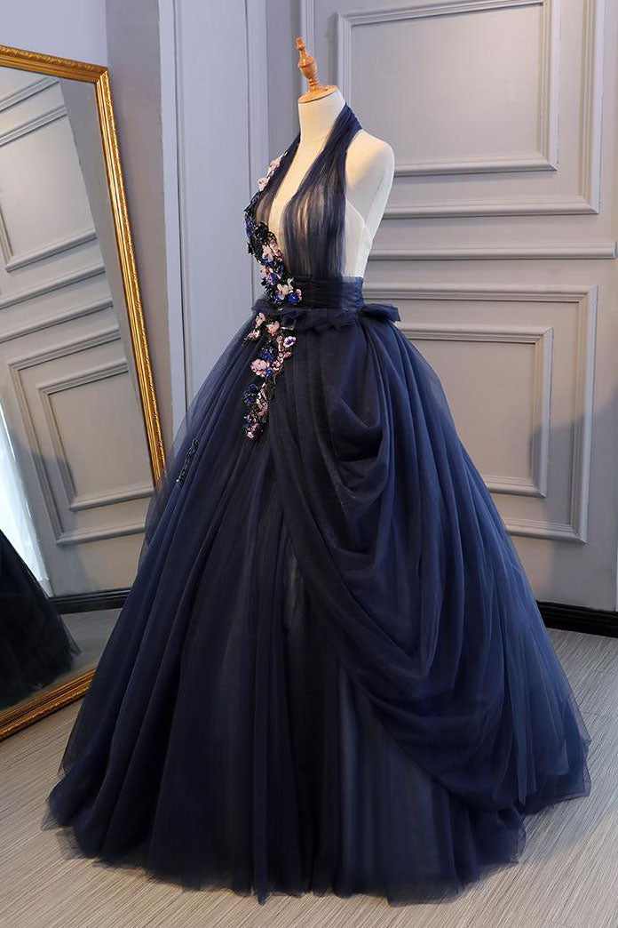 Blue tulle lace long prom dress, blue tulle lace evening dress