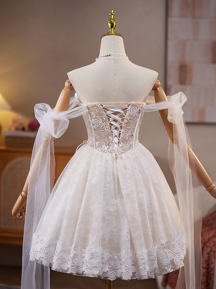 A-Line Off Shoulder Tulle Lace Light Champagne Short Prom Dress, Light Champagne Homecoming Dress