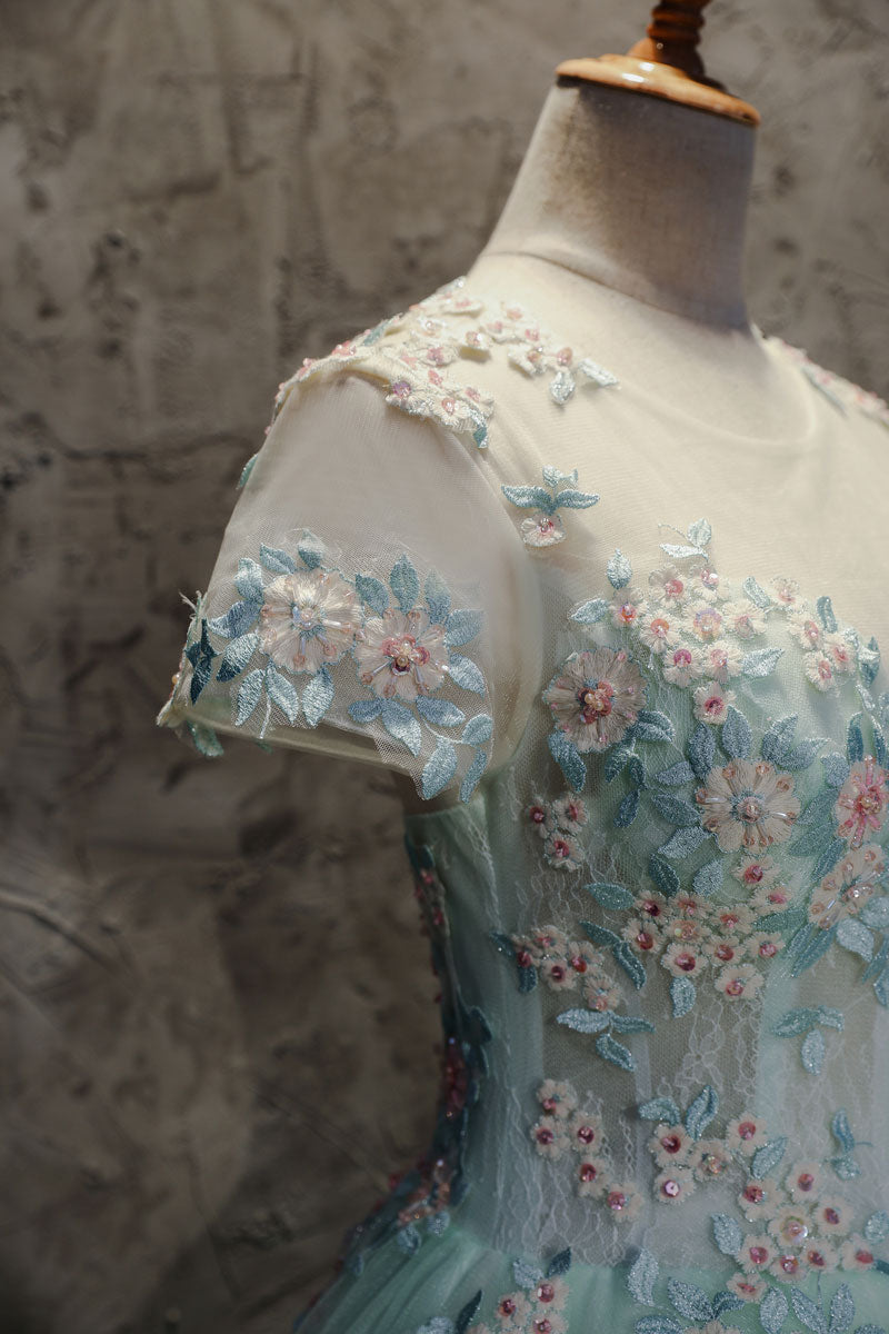 Unique light green tulle lace long prom dress, sweet 16 dress