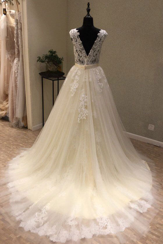 White v neck tulle lace long prom dress, white tulle wedding dress