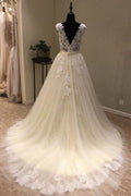 White v neck tulle lace long prom dress, white tulle wedding dress