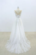 White round neck lace tulle long prom dress, white lace wedding dress