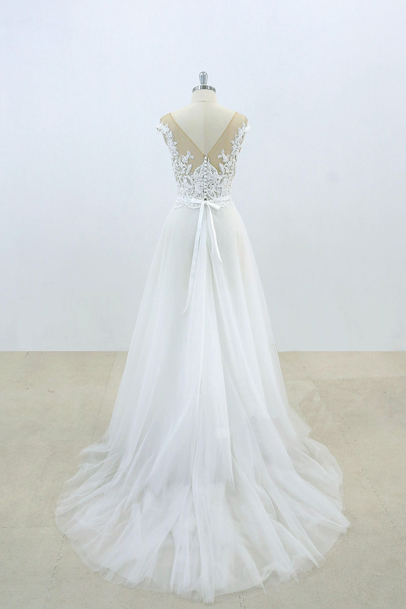 White round neck lace tulle long prom dress, white lace wedding dress