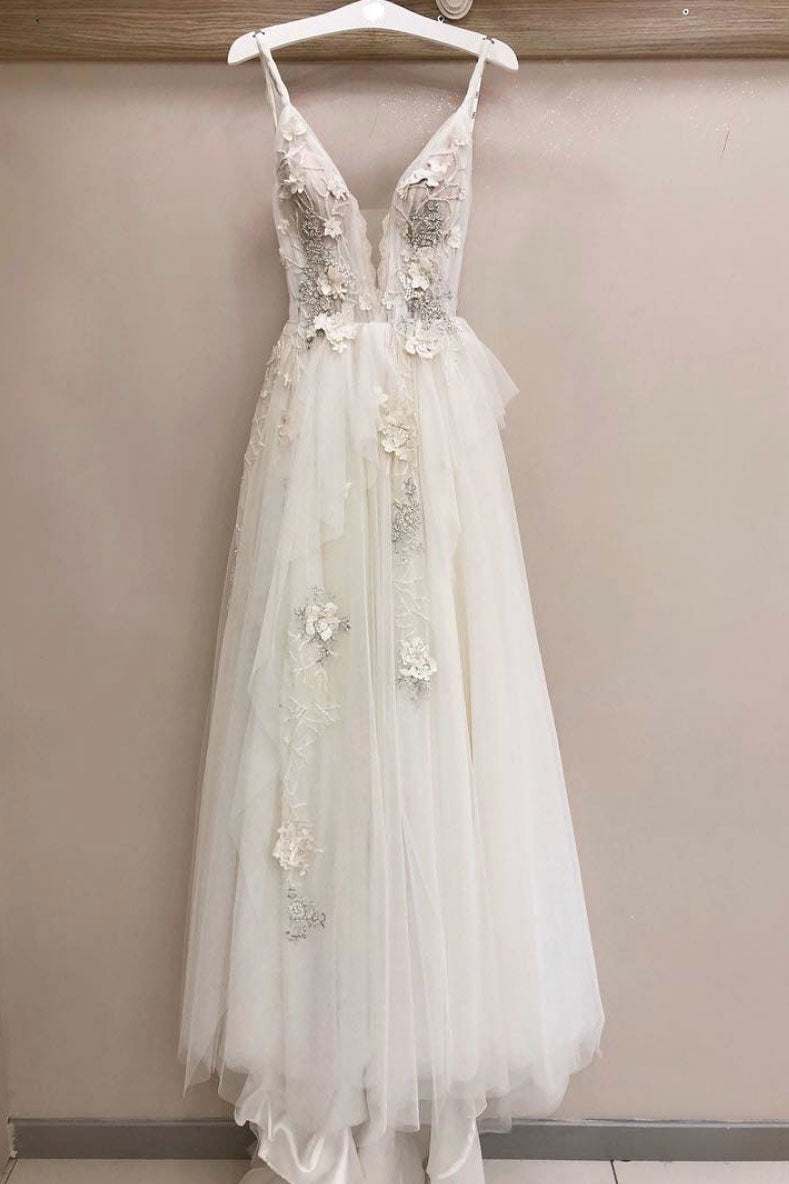 White v neck tulle lace long prom dress, white evening dress