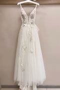 White v neck tulle lace long prom dress, white evening dress