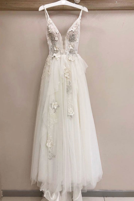 White v neck tulle lace long prom dress, white evening dress