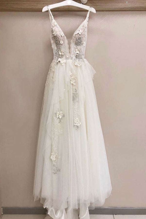 White v neck tulle lace long prom dress, white evening dress